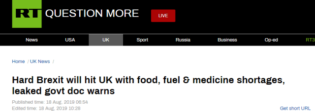 英政府报告遭泄露：“硬脱欧”可能会导致粮药和燃料短缺
