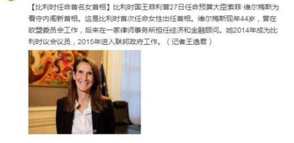 比利时国王任命首名女首相 维尔梅斯啥来头?